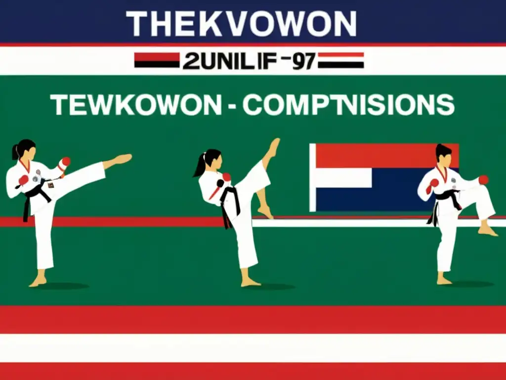 Imagen detallada que muestra la evolución de las reglas del campeonato mundial taekwondo, con colores vibrantes y momentos icónicos