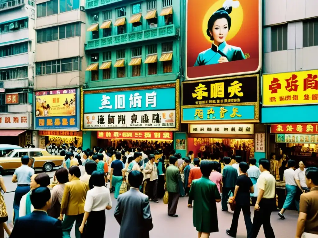 Imagen documental de la bulliciosa escena callejera de Hong Kong en la década de 1970, con carteles de películas de Kung Fu