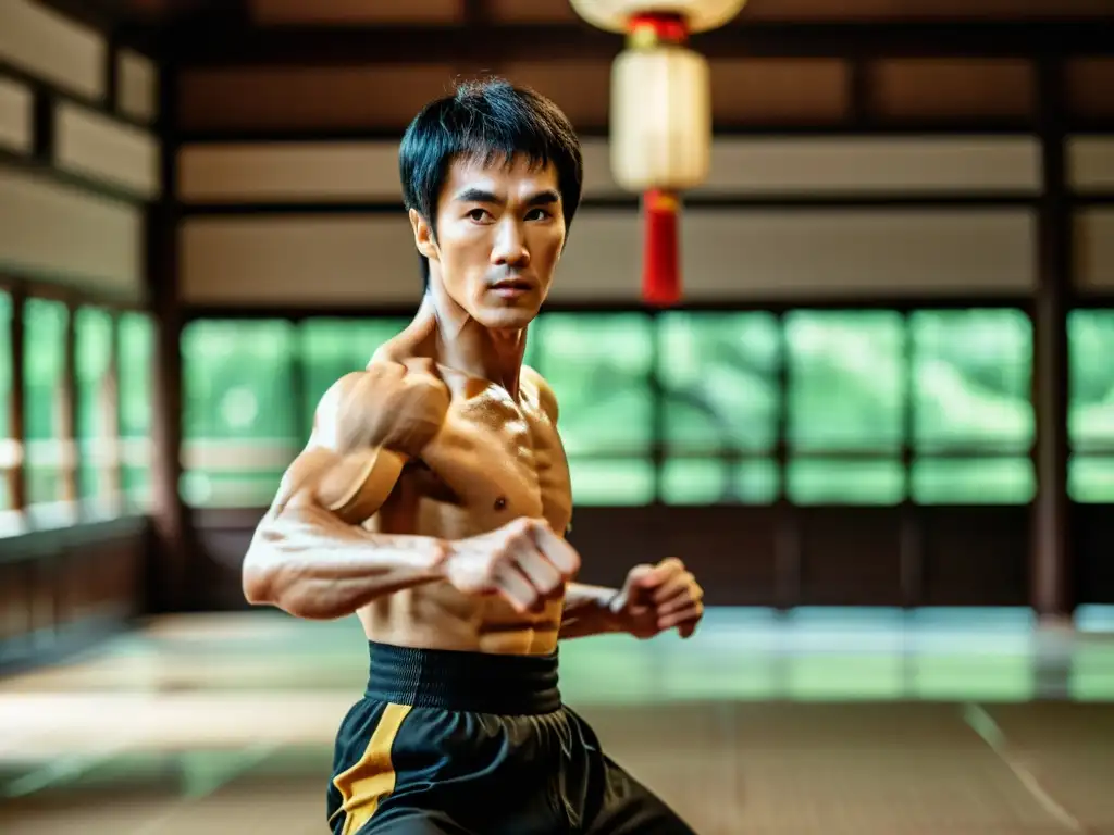Maestría de Bruce Lee en el dojo: fuerza y filosofía Imagen documental de Bruce Lee demostrando su filosofía en un dojo chino, con maestría y determinación