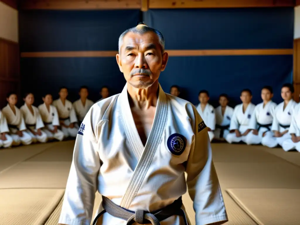 Imagen documental de Jigoro Kano en un dojo de Judo, con estudiantes practicando técnicas de Judo de Jigoro Kano