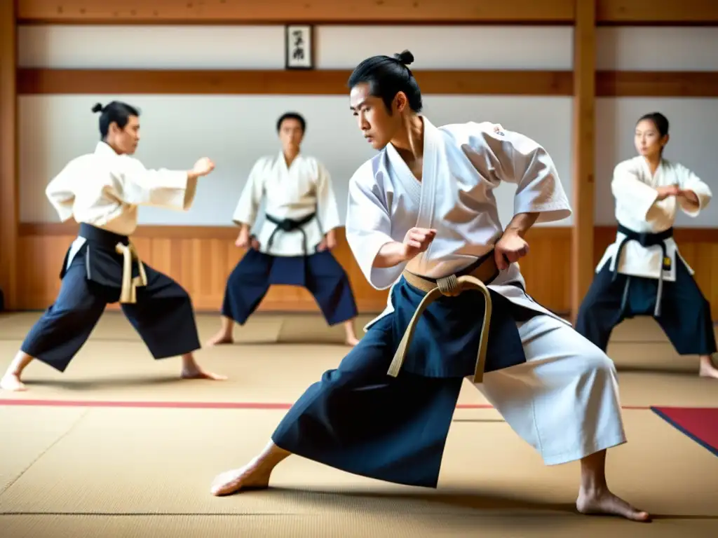 Imagen documental de alta resolución de practicantes de Aikido demostrando técnica para prevenir lesiones comunes