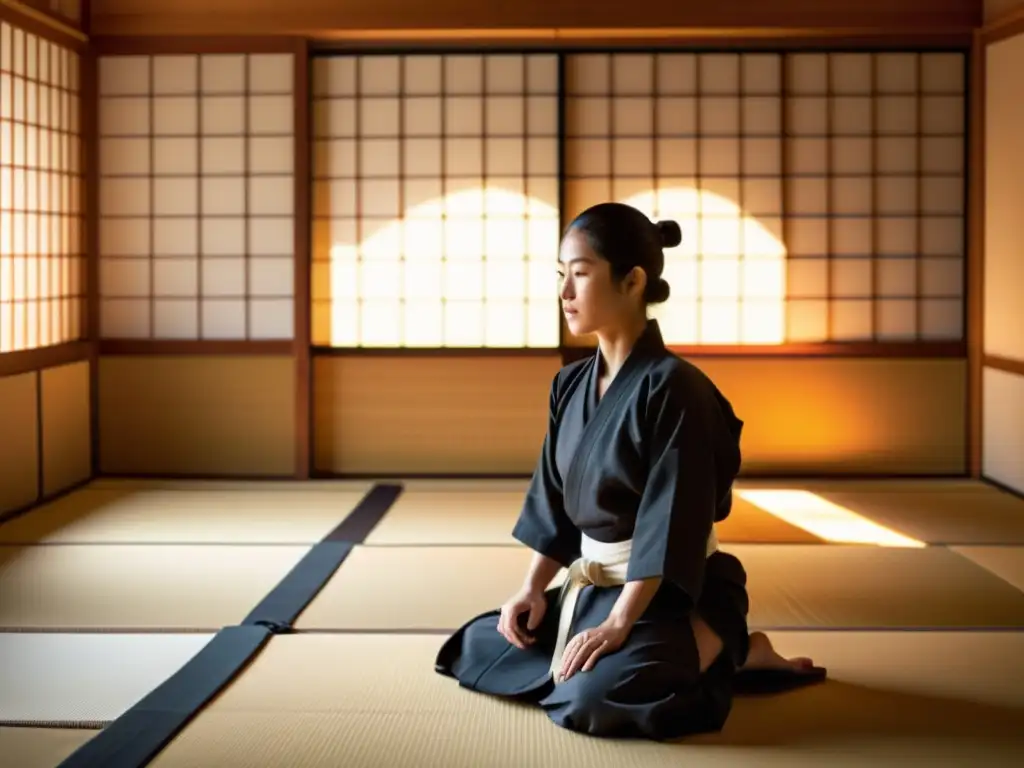 Una imagen documental de alta resolución de un dojo sereno con luz natural que entra a través de pantallas shoji tradicionales, iluminando las esteras tatami con un cálido resplandor