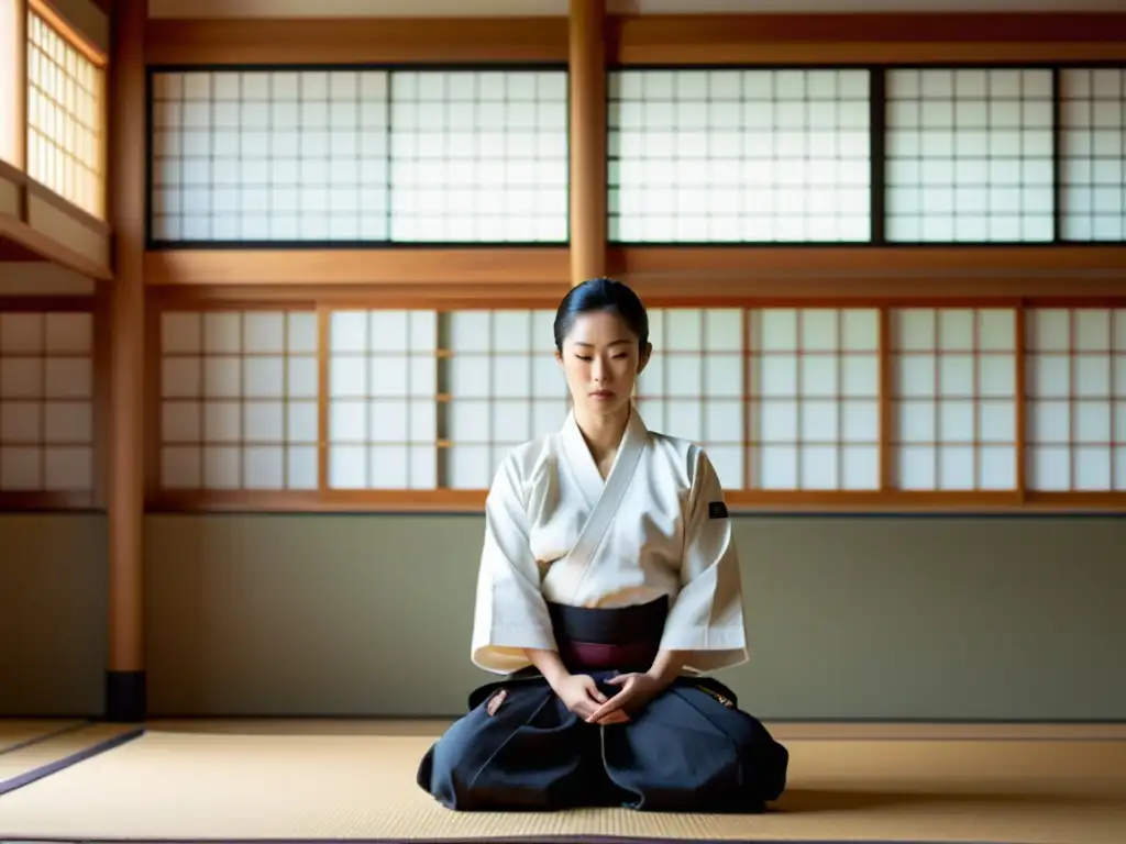 Imagen documental de un tranquilo dojo de Aikido, con práctica enfocada y respeto por los principios filosóficos del entrenamiento samurai