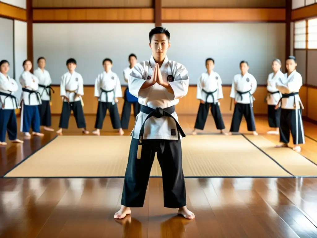 Una imagen de un dojo de artes marciales con maestro y estudiantes practicando, reflejando la disciplina y la filosofía del combate en artes marciales