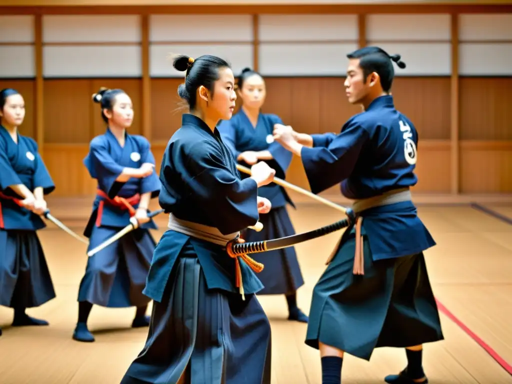 Imagen de un dojo con estudiantes practicando Kendo y Iaido, en una atmósfera de respeto y tradición