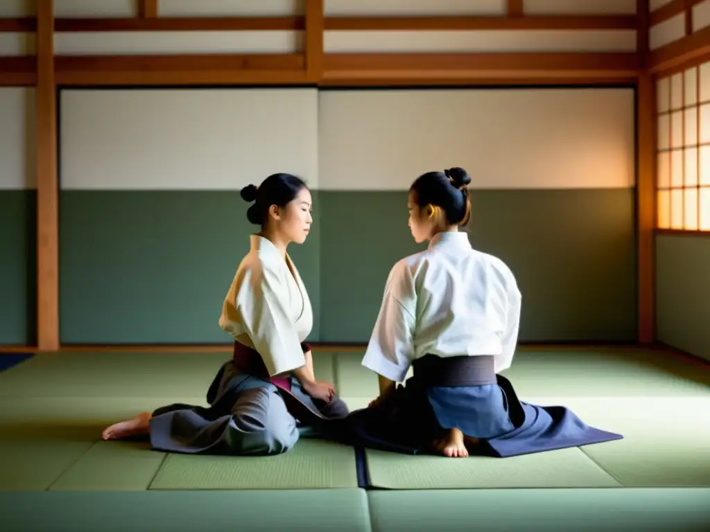 Una imagen de un dojo sereno con practicantes de Aikido reflejando armonía, disciplina y respeto