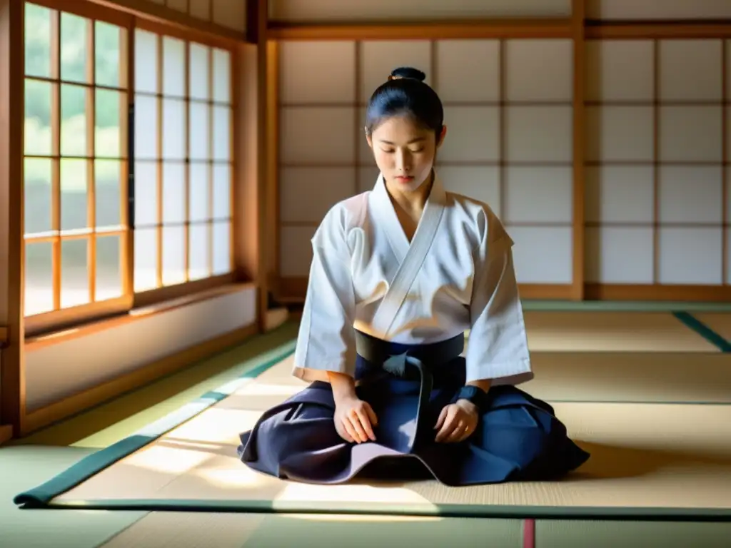 Una imagen de un dojo tradicional de Aikido, donde la luz natural ilumina los tatamis creando una atmósfera serena