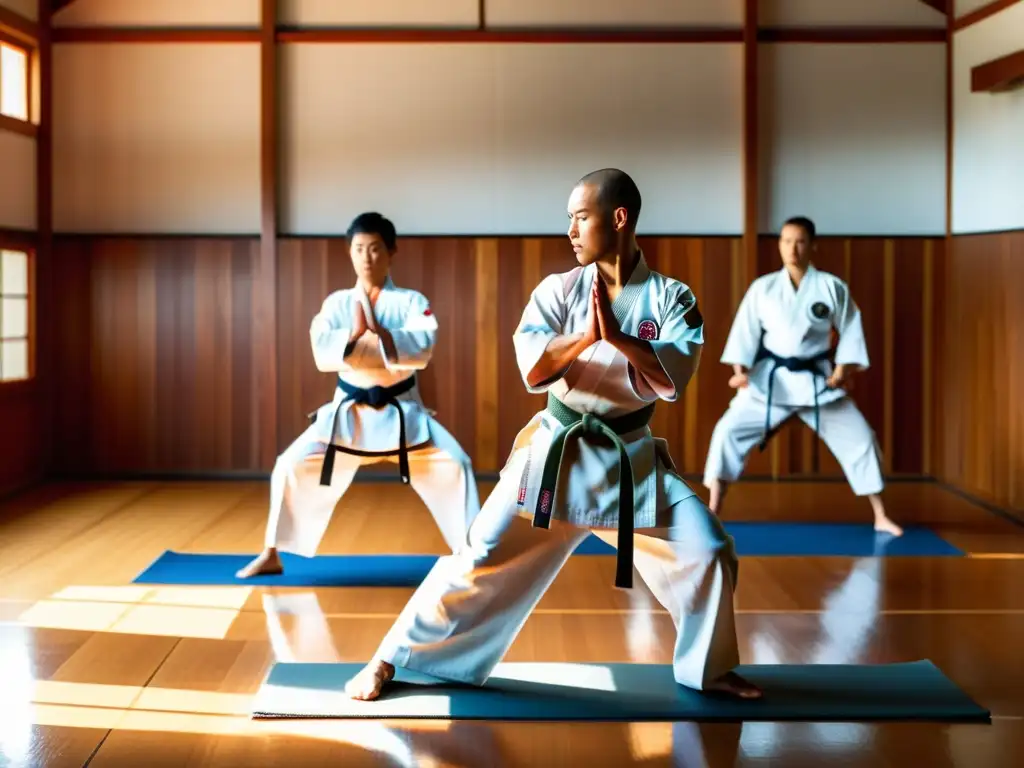 Imagen de un dojo de karate tradicional con maestro y estudiantes practicando kata