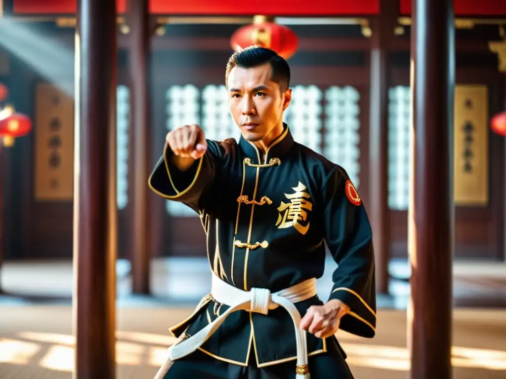 Imagen de Donnie Yen en postura tradicional de Wing Chun, exudando poder y disciplina en un traje negro con bordados dorados