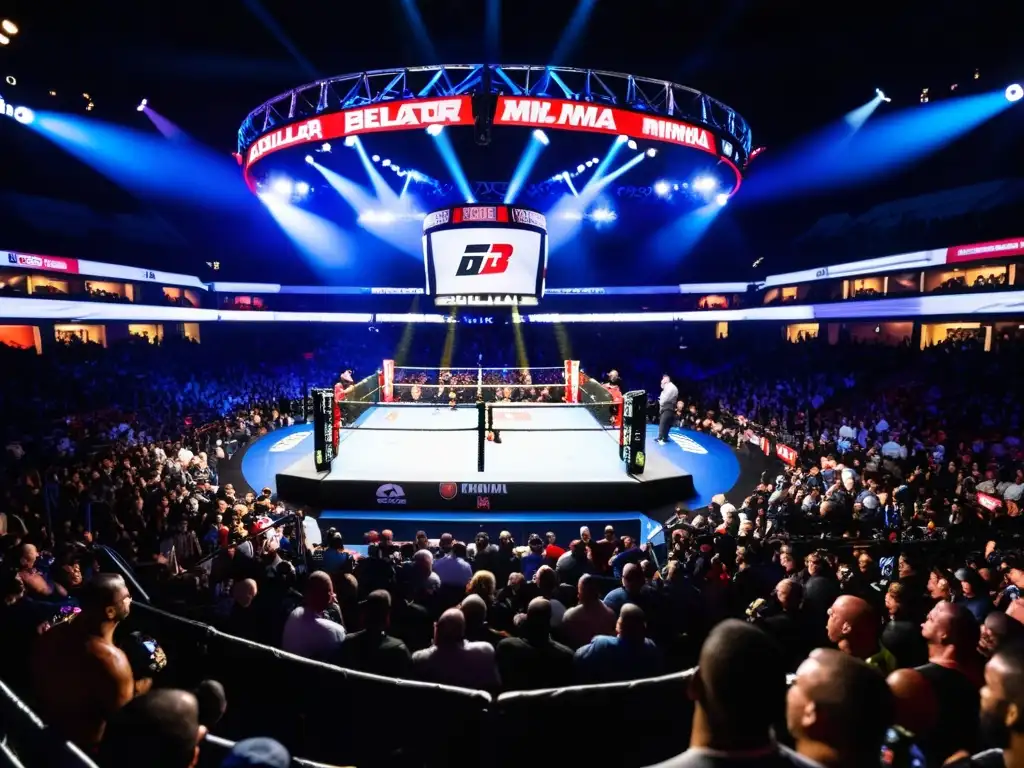 Intensa competencia en el octágono de Bellator MMA En la imagen se muestra un emocionante evento de Bellator MMA, con luchadores intensos y público apasionado