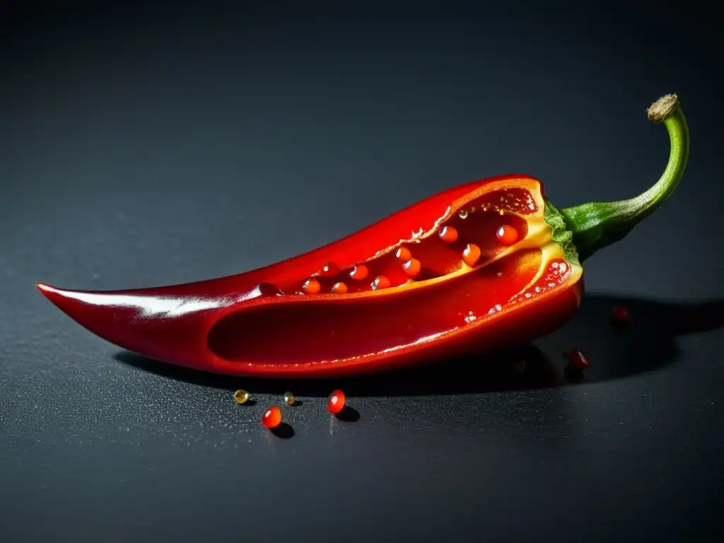 Una imagen evocadora de un chile rojo vibrante siendo cortado, con semillas y aceite picante brillante en una hoja de cuchillo, sobre un fondo oscuro