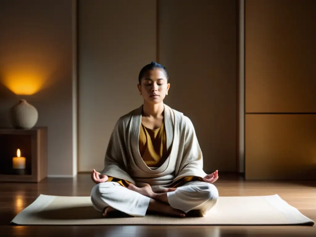 Imagen de meditación samatha para incrementar foco en una habitación serena iluminada por luz dorada, con una persona en meditación tranquila