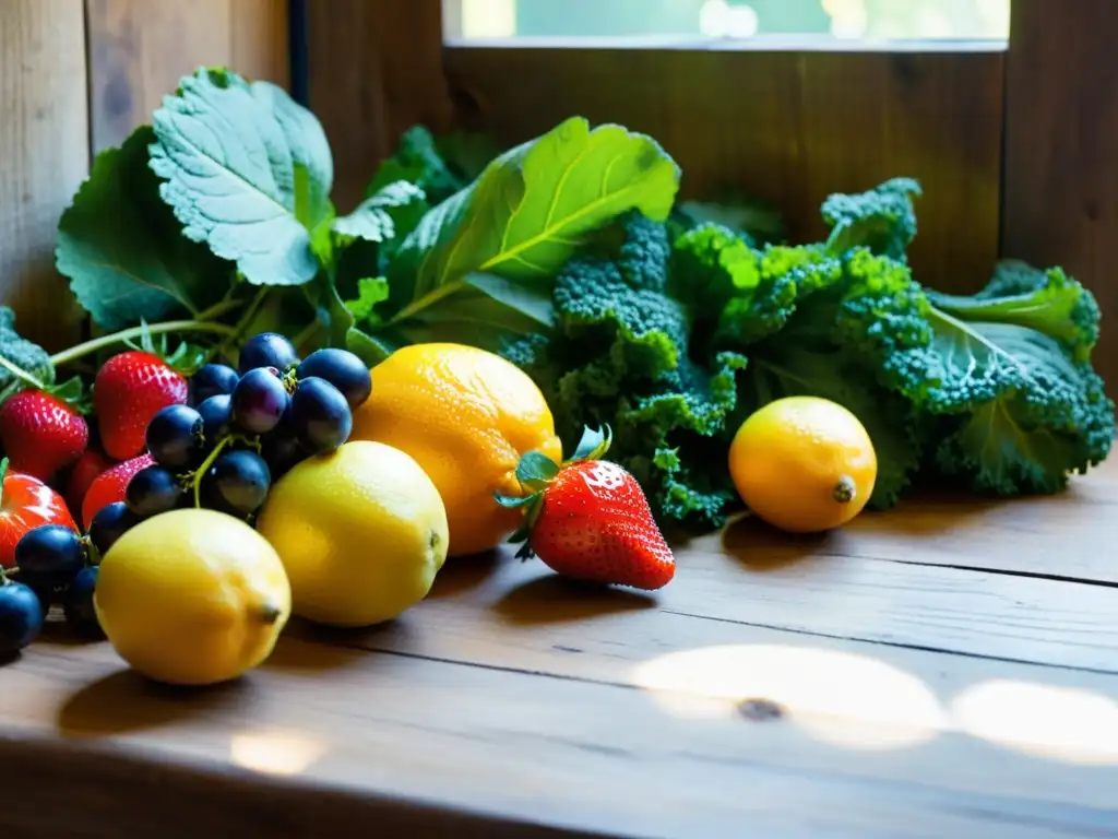 Imagen de frutas y verduras frescas y vibrantes en una mesa rústica, resaltando la importancia de vitaminas postcombate