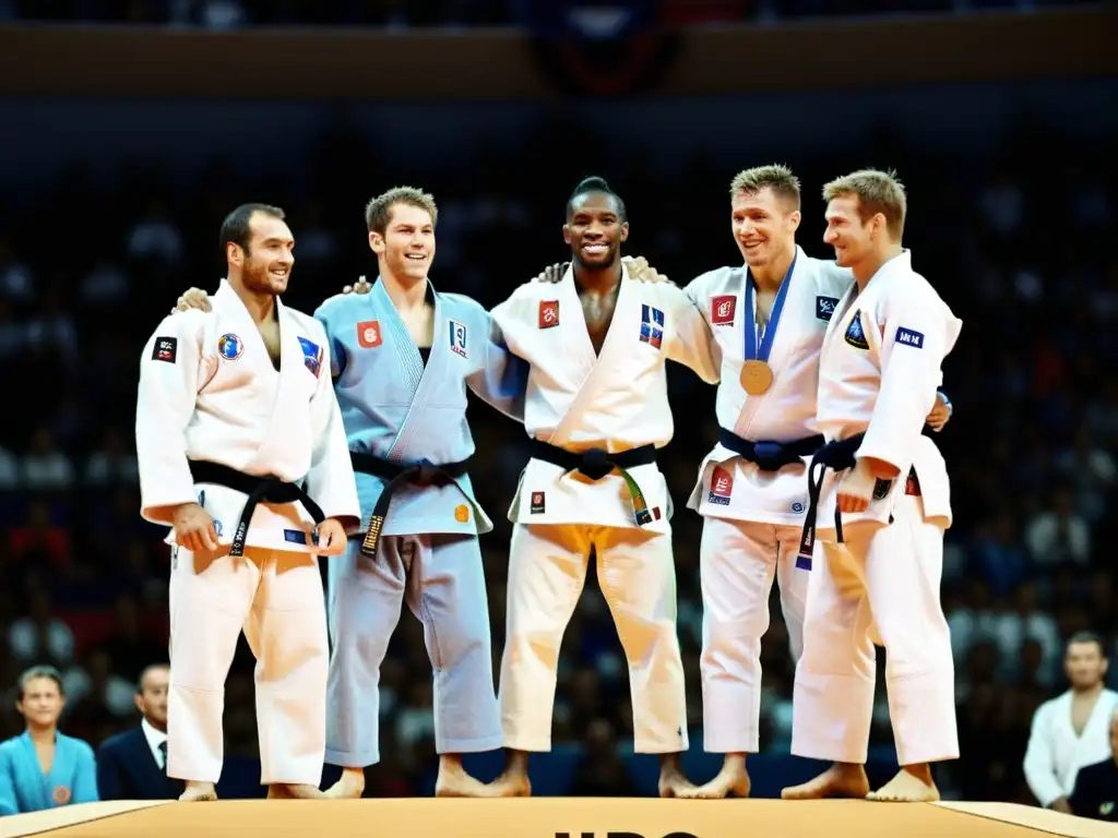 Imagen histórica en blanco y negro de campeones europeos de judo en el podio, reflejando la intensidad y camaradería de la historia del judo en Europa