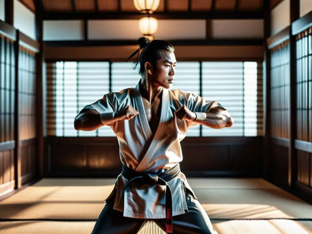 Imagen impactante de un artista marcial en acción, reflejando disciplina y libertad en el contexto de un dojo tradicional