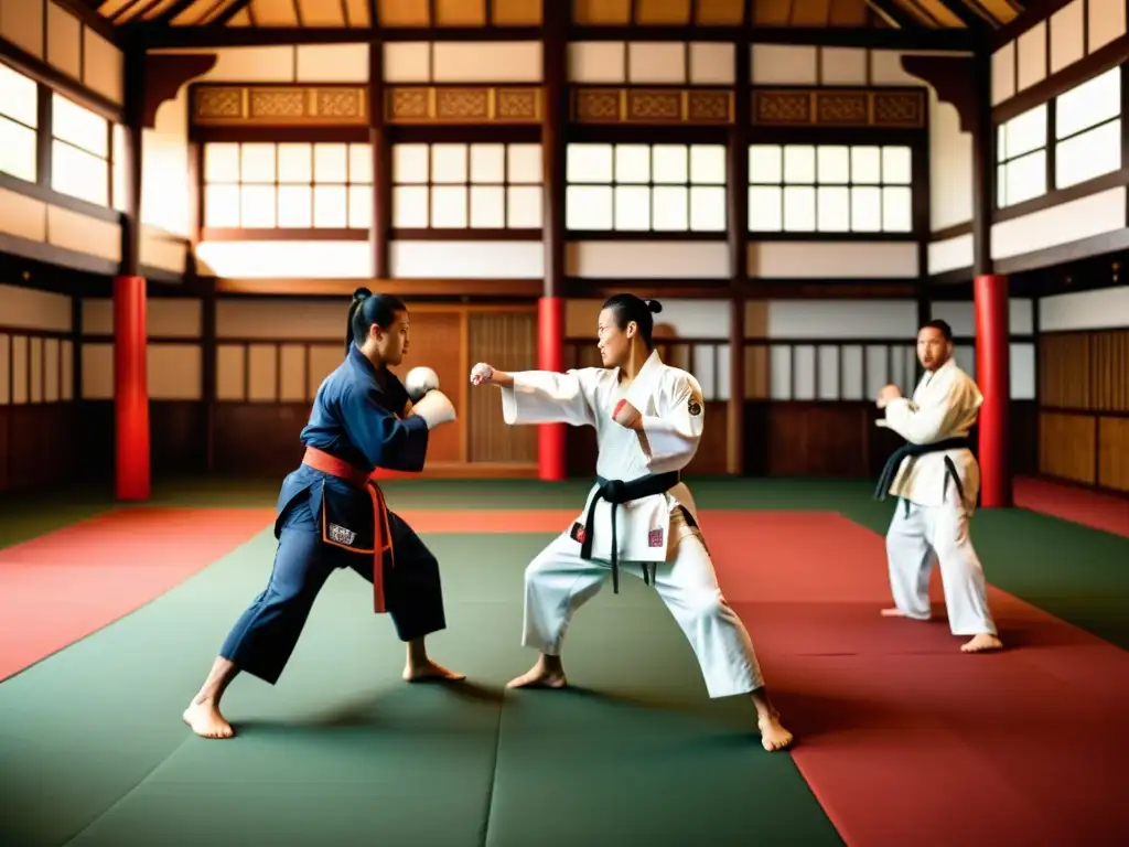 Imagen impactante de artistas marciales de diversas culturas en una sesión de combate tradicional, destacando la historia y la diversidad de las artes marciales