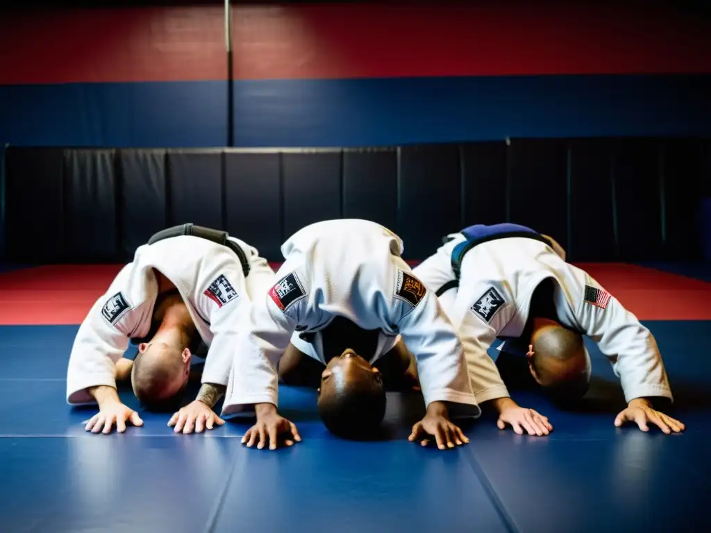 Imagen impactante de atletas profesionales de JiuJitsu preparándose juntos en el gimnasio, mostrando determinación y compañerismo