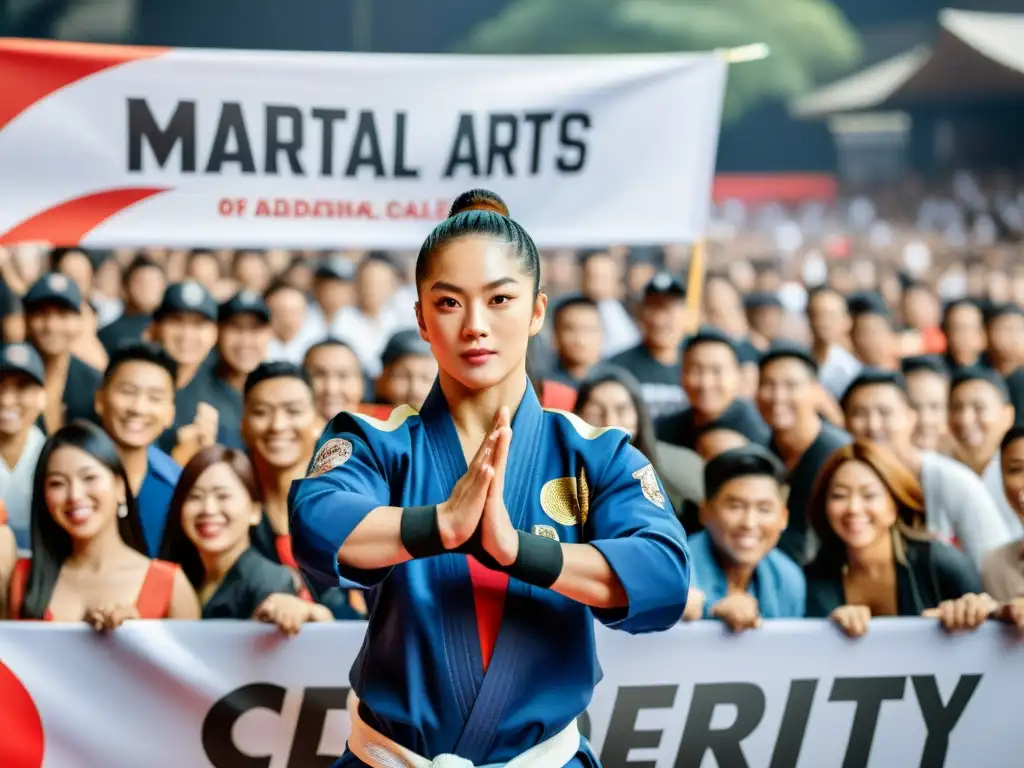 Estrella de las artes marciales rodeada de fans y mercancía exclusiva Imagen impactante de una celebridad de las artes marciales rodeada de fans entusiastas y mercancía oficial de artes marciales