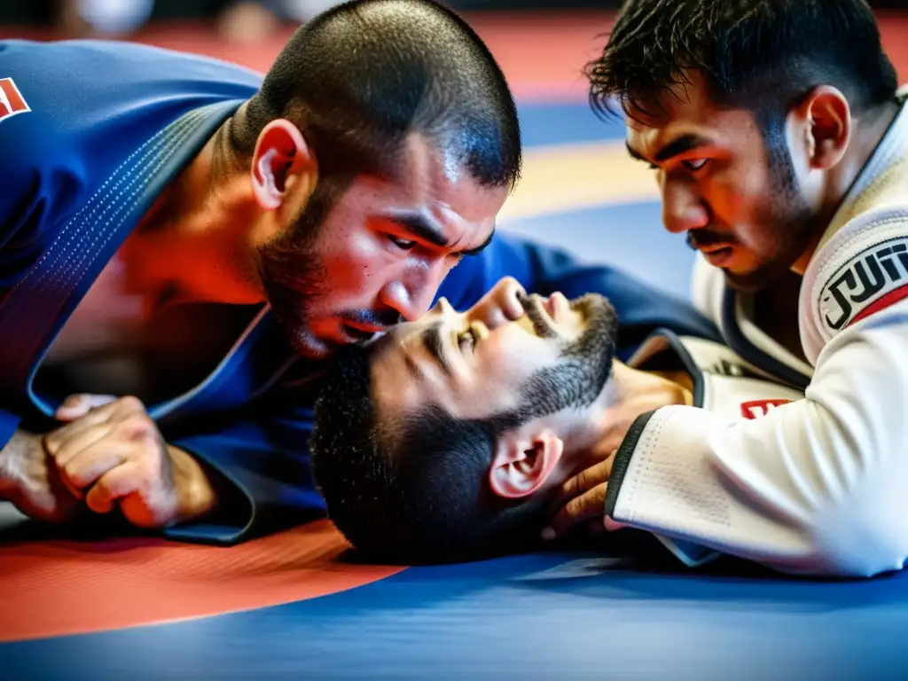 Imagen impactante de competidores de JiuJitsu moderno en un intenso intercambio, destacando las reglas y puntuación del deporte