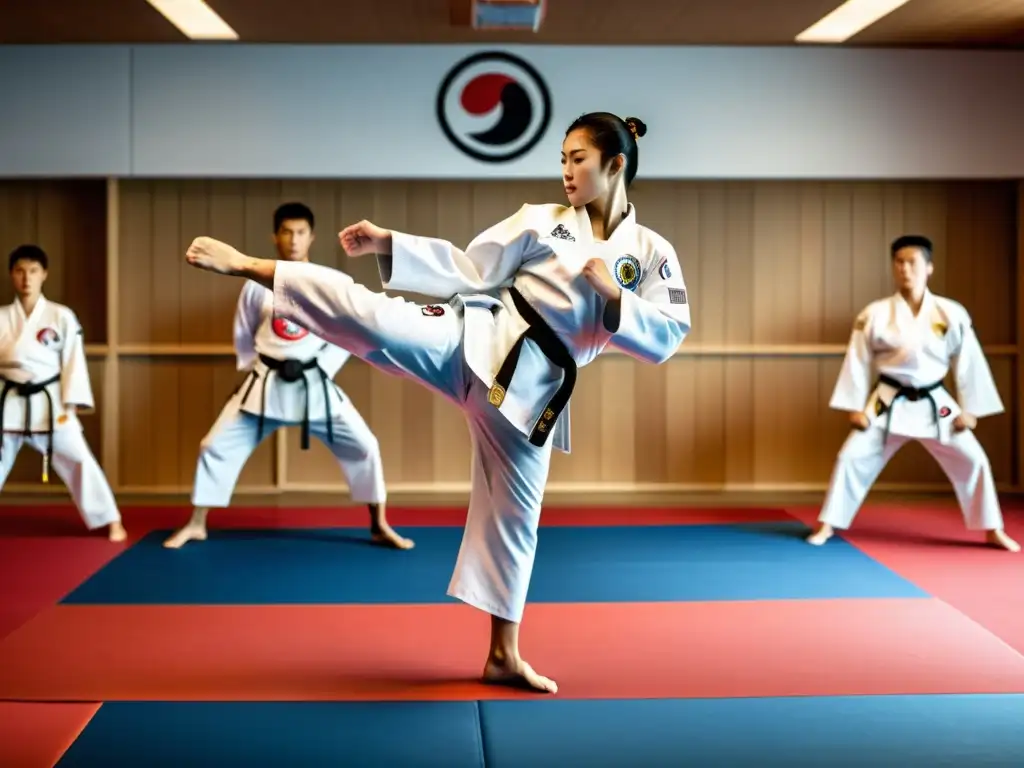 Imagen impactante de un dojang de taekwondo con maestro tradicional mostrando técnica precisa, y atletas olímpicos en combate dinámico