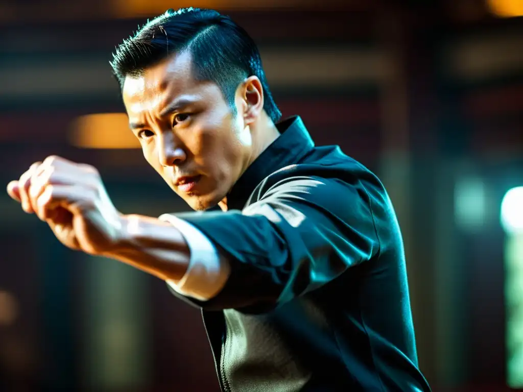 Imagen impactante de Donnie Yen en postura dinámica de Wing Chun, destacando su influencia en el arte marcial