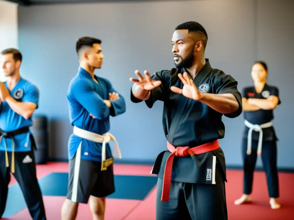 Imagen impactante de entrenamiento neuromuscular en artes marciales, muestra intensidad y disciplina en el dojo tradicional