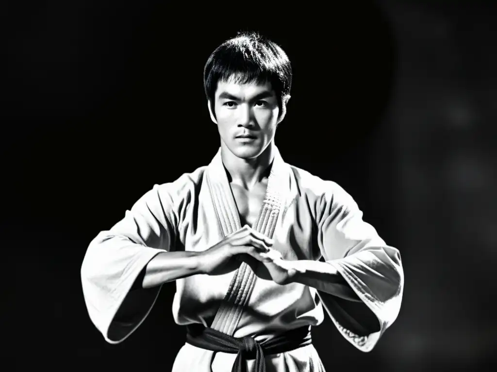 Imagen impactante de Bruce Lee en túnica Shaolin, con expresión feroz y pose de artes marciales, evocando la evolución de las túnicas marciales