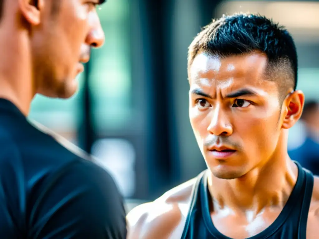 Imagen impactante de un instructor de artes marciales online, demostrando habilidad y enfoque, con estudiantes atentos