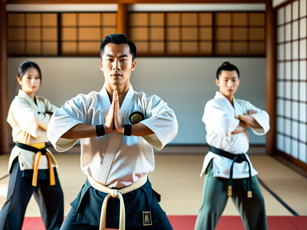 Imagen impactante de instructor de artes marciales demostrando técnicas de estiramiento para prevenir lesiones en un dojo sereno