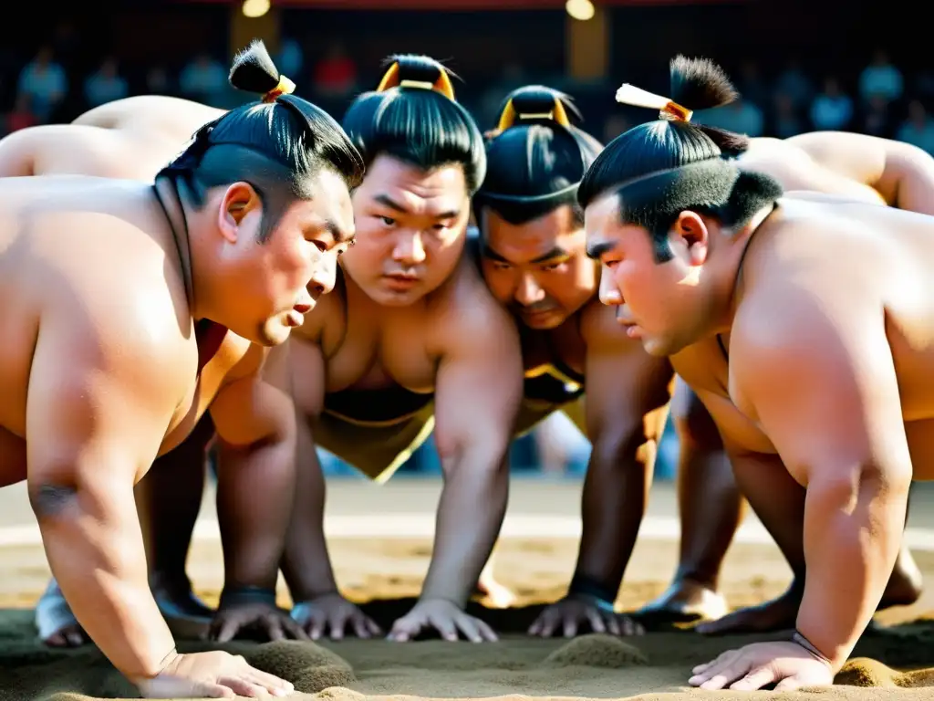 Imagen impactante de un intenso combate de sumo: tradición y resistencia palpable en la lucha de sumoistas con mawashi tradicionales