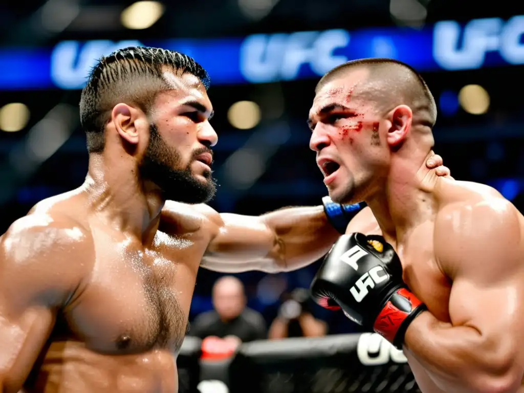 Imagen impactante de lucha en el octágono de UFC, capturando la intensidad y destreza de las artes marciales mixtas