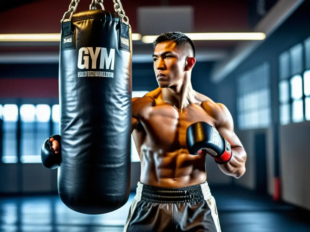 Imagen impactante de un luchador de artes marciales mixtas en un gimnasio, destacando las tendencias en ropa de entrenamiento de artes marciales