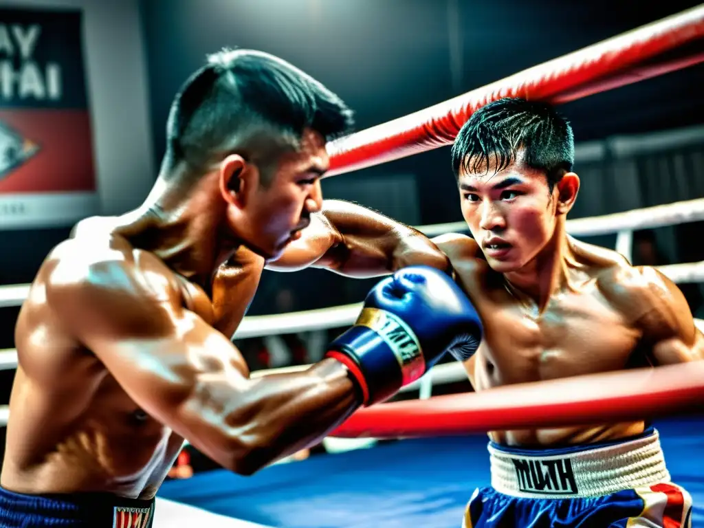 Imagen impactante de un luchador de Muay Thai mostrando desplazamientos, con determinación, fuerza y agilidad