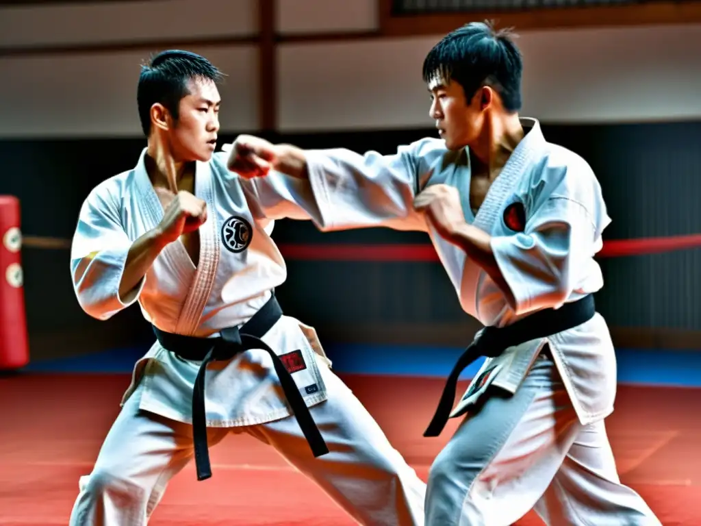 Imagen impactante de luchadores de Kyokushin en combate de contacto completo, mostrando determinación y fuerza