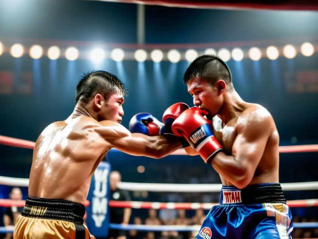 Imagen impactante de dos luchadores de Muay Thai en un intenso clinch, mostrando diferentes estilos y estrategias de este deporte