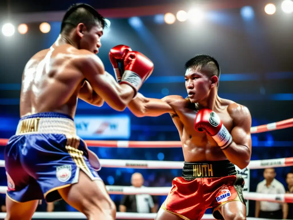 Imagen impactante de luchadores de Muay Thai en pleno combate, mostrando fuerza y determinación