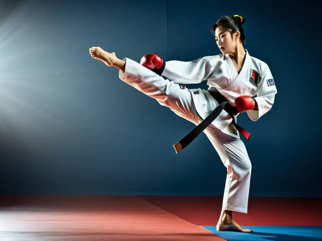 Imagen impactante de un maestro de taekwondo ejecutando una patada voladora impecable, con determinación y precisión