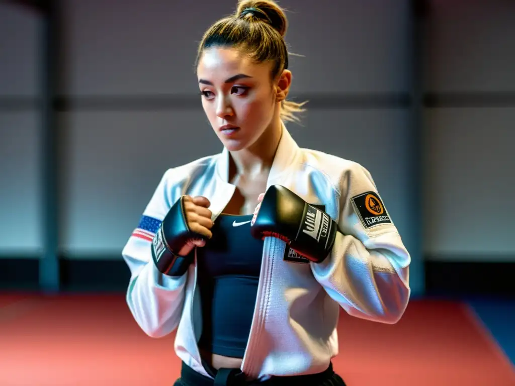 Imagen impactante de Jade Jones, atleta marcial de élite, entrenando con determinación y recibiendo asesoramiento de nutrición