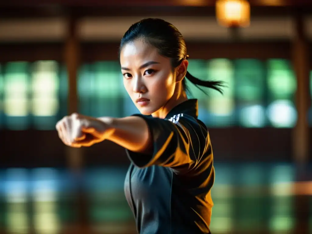 Una imagen impactante de mujeres practicando Kung Fu en un salón tradicional, mostrando fuerza y gracia