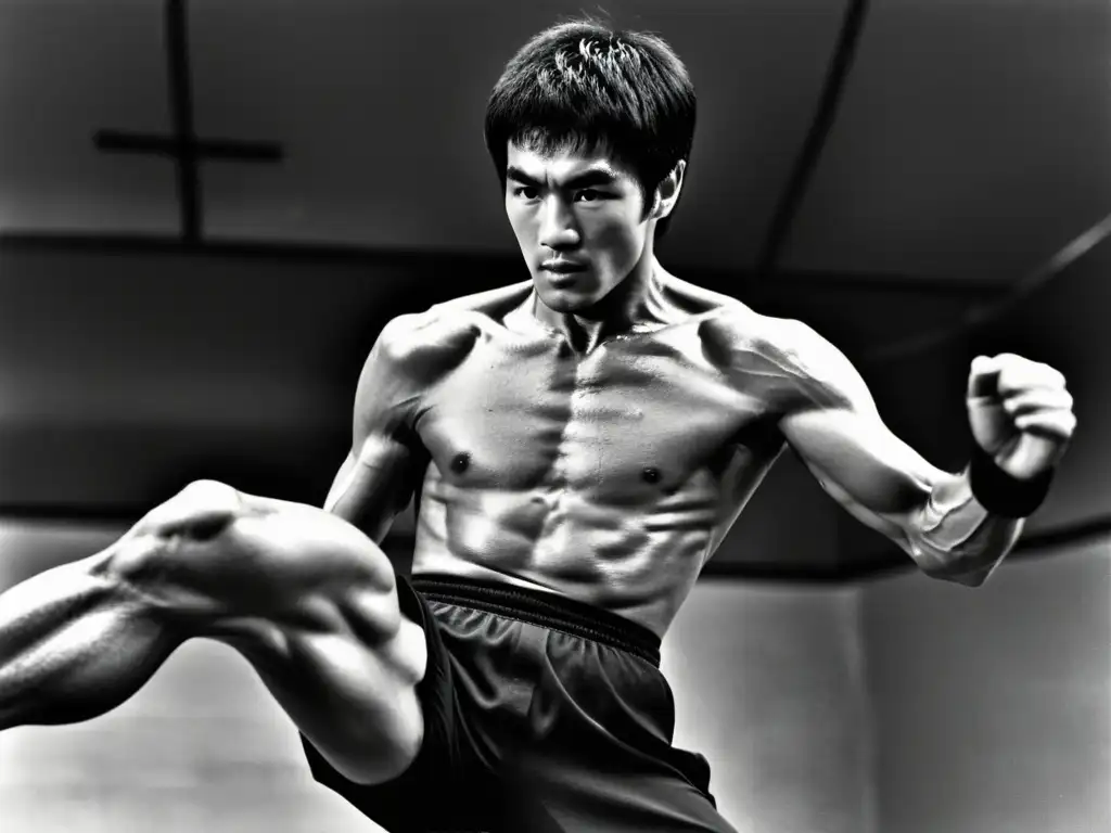 Imagen impactante de Bruce Lee ejecutando una patada alta, reflejando su legado en las artes marciales