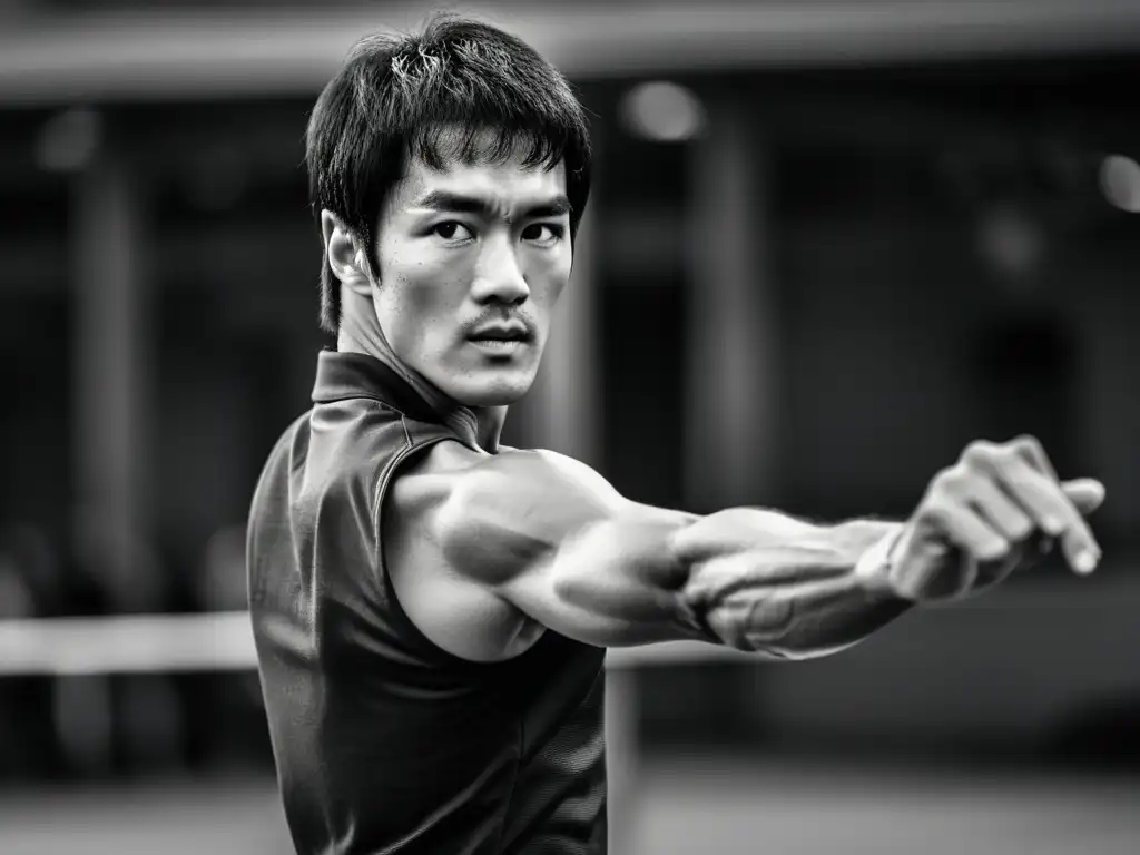 Imagen impactante de Bruce Lee en una precisa y poderosa postura de artes marciales, reflejando su influencia en el cine