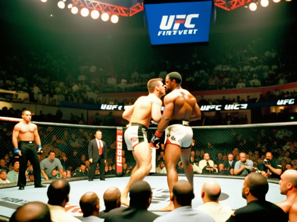 Imagen impactante del primer evento de UFC en 1993, capturando la intensidad y emoción del origen y evolución de las MMA en Estados Unidos, con luchadores en el octágono y una multitud bulliciosa