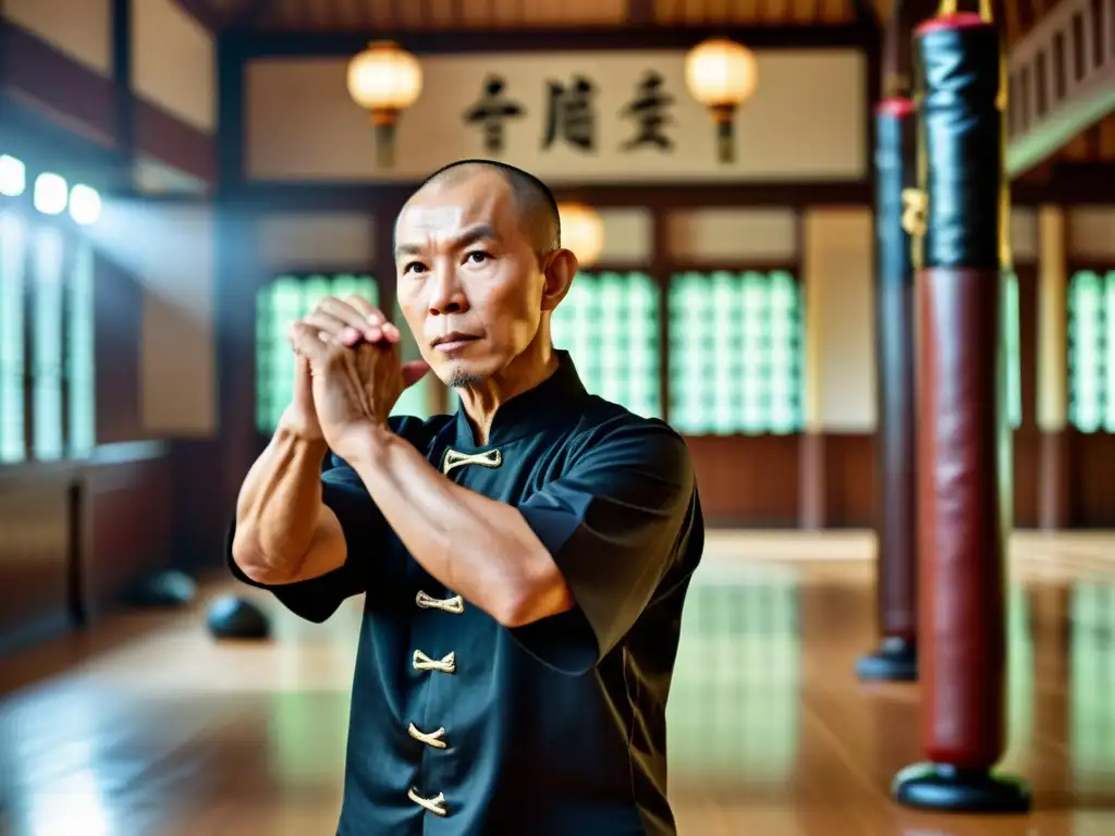 Imagen impactante del legado Wing Chun Ip Chun, demostrando una técnica precisa con intensidad y determinación en su rostro