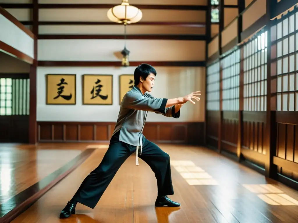 Imagen impactante de Bruce Lee demostrando una técnica de Wing Chun en un salón de entrenamiento tradicional en Hong Kong, resaltando la historia de Wing Chun y el legado de Bruce Lee