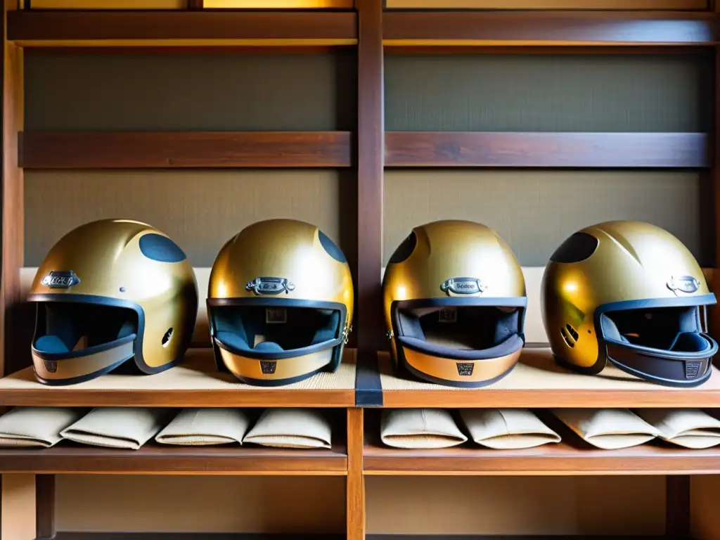 Una imagen de la importancia del casco en artes marciales, con cascos tradicionales alineados en un dojo iluminado por la tarde