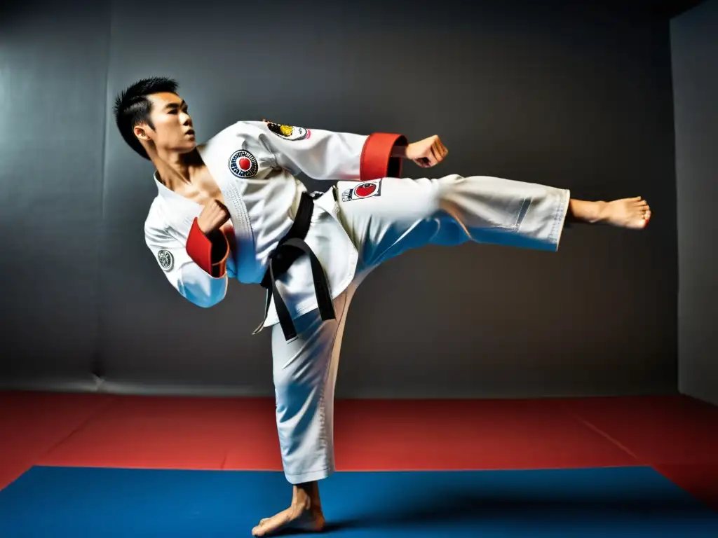 La imagen muestra la importancia de la respiración en Taekwondo, con un practicante ejecutando un potente golpe