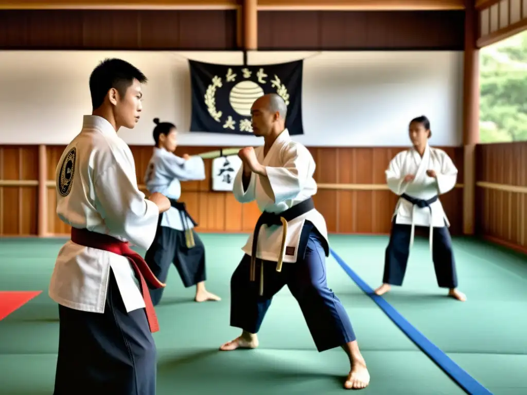 Imagen de la importancia de la ropa de entrenamiento en artes marciales, con un dojo tradicional y practicantes en acción