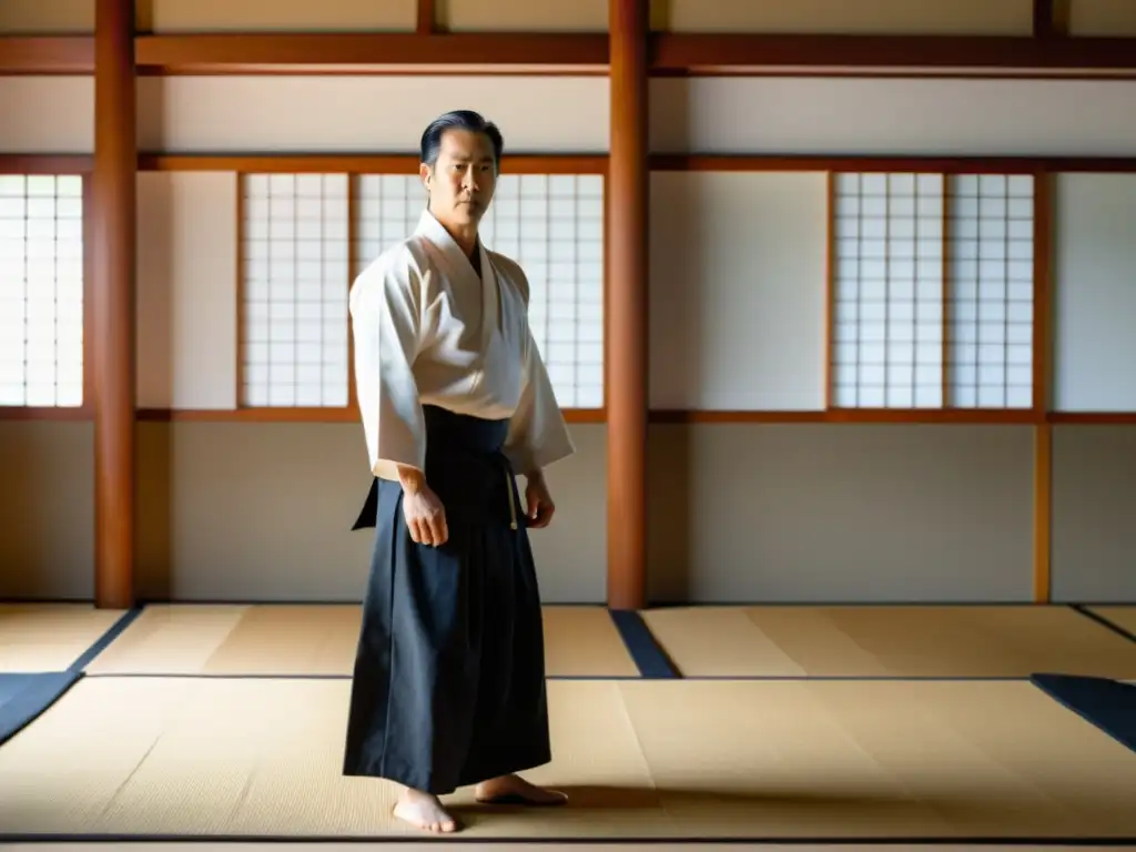 Imagen de la indumentaria tradicional del Aikido en un dojo sereno con luz natural, reflejando disciplina y tranquilidad en un practicante