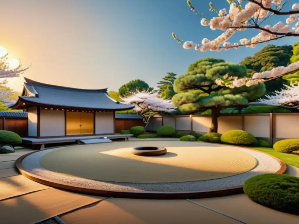Imagen de un jardín japonés sereno al atardecer, donde practican karate