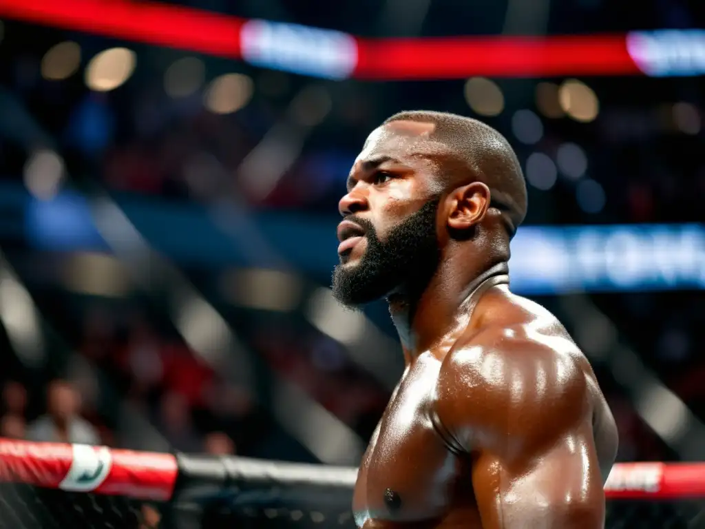 Jon Jones MMA: Imagen en 8k del icónico luchador en el octágono, con la determinación palpable en su mirada y los músculos tensos